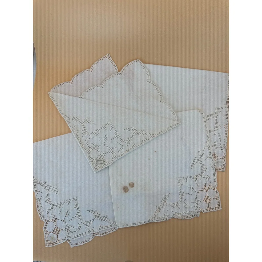 Vintage 1940s Pure Linen Tablecloth Napkins Set NOS Lace Floral White 7pc Set